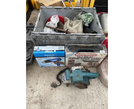 A BOX OF TOOLS AND HARDWARE TO INCLUDE HOT WELD GUN, HOT AIR GUN ETC 