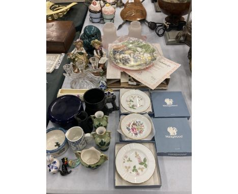 A MIXED LOT OF ITEMS TO INCLUDE CONTINENTAL STYLE FIGURES, POOLE OWL, ROYAL DOULTON CABINET PLATES ETC 