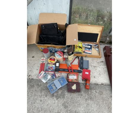 AN ASSORTMENT OF TOOLS AND HARDWARE TO INCLUDE ROUTER BITS, TILE CUTTERS AND FUSES ETC 