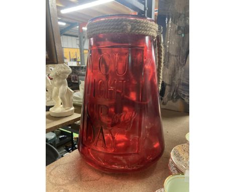 A LARGE RED GLASS YOU LIGHT UP MY DAY URN 