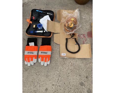 AN ASSORTMENT OF ITEMS TO INCLUDE STIHL CHAINSAW GLOVES, A SOLDERING KIT AND A FLASH LIGHT ETC 