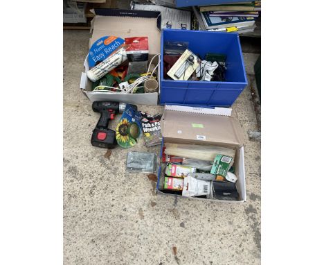 AN ASSORTMENT OF TOOLS AND HARDWARE TO INCLUDE A BATTERY DRILL, CABLE TIES AND STAPLERS ETC 