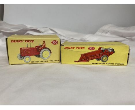 TWO BOXED DINKY MODELS NO. 300 - A MASSEY HARRIS TRACTOR AND NO. 321 - A MASSEY HARRIS MANURE SPREADER 
