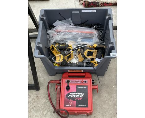 AN ASSORTMENT OF DEWALT BATTERY TOOLS, A POWER PACK AND CABLE TIES ETC 