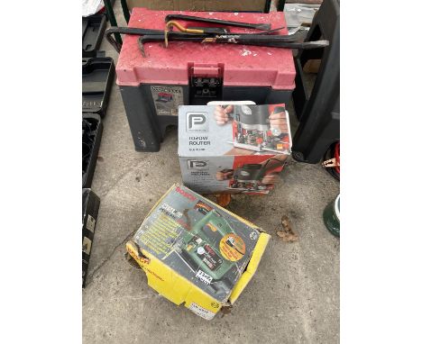 AN ASSORTMENT OF TOOLS TO INCLUDE A 1020W ROUTER, A BOSCH JIGSAW, ETC 