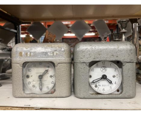 TWO VINTAGE METAL RACING PIGEON TIMER CLOCKS, MADE IN SWITZERLAND 
