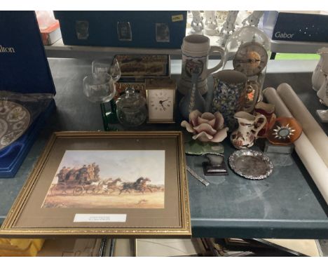 A MIXED LOT TO INCLUDE DOMED CLOCK, HORSE PRINT, BASSETS TIN, BADGES ETC 