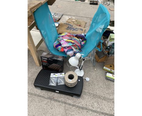 AN ASSORTMENT OF ITEMS TO INCLUDE AN ANGLE POISE LAMP, AN AIRBED AND A CHAIR ETC 