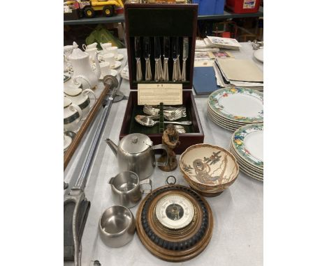 A MIXED LOT TO INCLUDE CASED ARTHUR PRICE FLATWARE SET, JAPANESE SATSUMA BOWL,. BAROMETER ETC 
