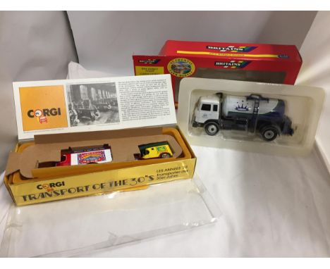 A BRITAINS 1:32 SCALE MILK MARQUE TANKER AND A CORGI 'TRANSPORT OF THE 30'S' THORNYCROFT AND FORD MODEL T DELIVERY VANS, BOTH