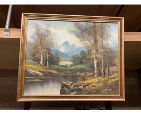 AN R THOMAS SIGNED OIL ON BOARD OF A RIVER SCENE 