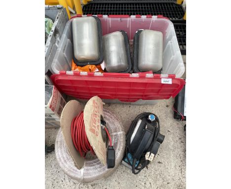 A BOX OF TOOLS AND HARDWARE TO INCLUDE HOSE, OUTDOOR LIGHTS, ETC 