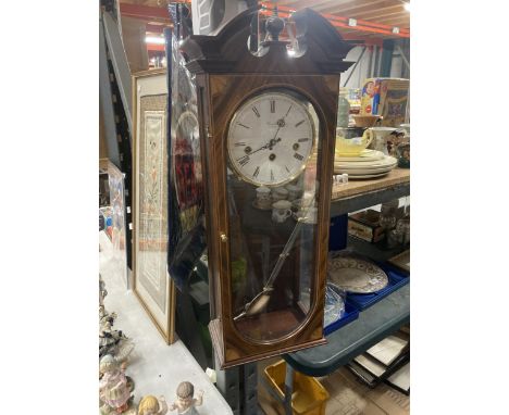 A COMITTI, LONDON CHIMING WALL CLOCK IN INLAID WOODEN CASE, WITH PENDULUM AND KEY 