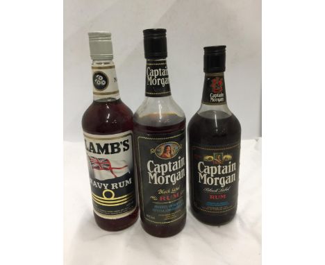 THREE BOTTLES - LAMB'S NAVY RUM, 2 X CAPTAIN MORGAN BLACK LABEL RUM 