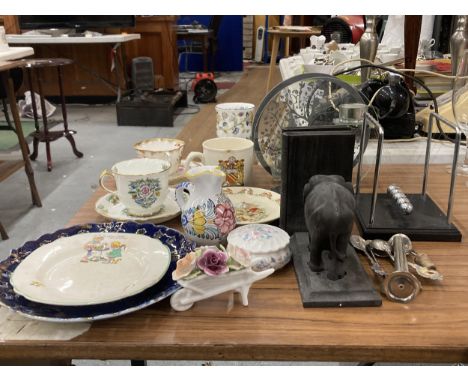 A MIXED LOT TO INCLUDE WOODEN ELEPHANT BOOK-ENDS, A VINTAGE HAMMERSLEY CHINA TRIO - CUP A/F, MINTON HADDON HALL BLUE BEAKER, 