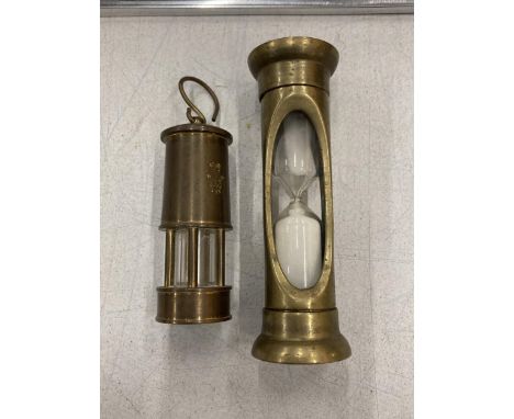 TWO VINTAGE BRASS ITEMS - SMALL MINERS LAMP AND SAND TIMER 