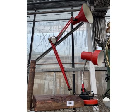 A VINTAGE RED ANGLE POISE LAMP AND A FURTHER ADJUSTABLE LAMP 