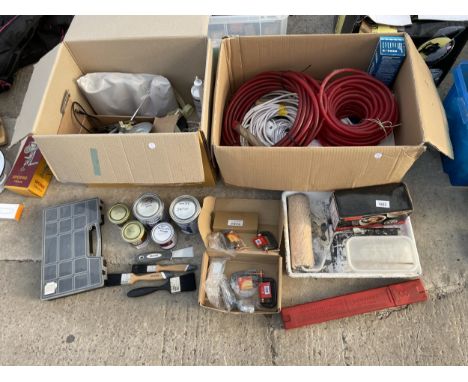 AN ASSORTMENT OF ITEMS TO INCLUDE PIPE, EXTENSION LEADS AND PAINT ETC 