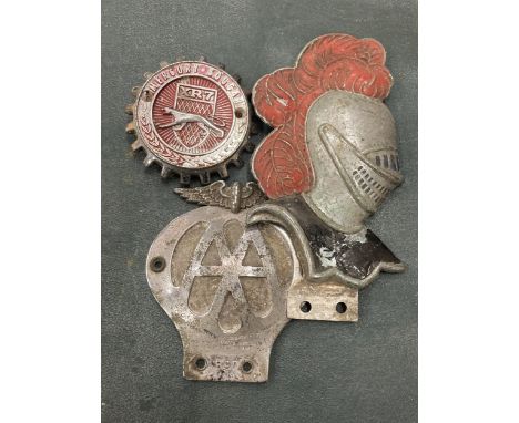 THREE VINTAGE CAR BADGES, AA, MERCURY COUGAR AND KNIGHT'S HELMET 