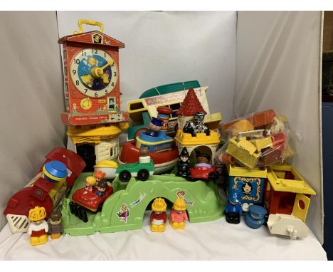 A LARGE QUANTITY OF YOUNG CHILDREN'S TOYS TO INCLUDE FISHER PRICE PLAY FAMILY CAMPER, TUGGY TOOTER, TEACHING CLOCK, CIRCUS TR