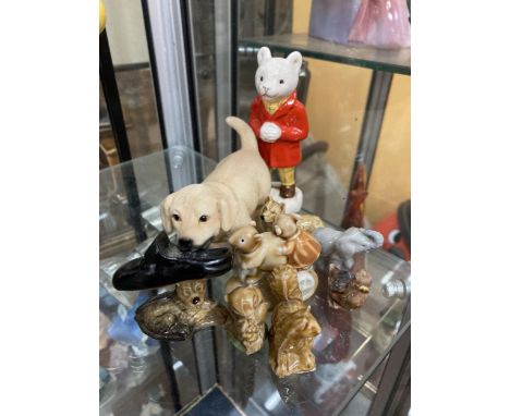 A COLLECTION OF ANIMAL FIGURES, JOHN BESWICK RUPERT THE BEAR, LEONARDO PUPPY, WADE WHIMSIES ETC 