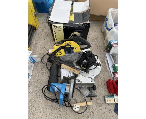 AN ASSORTMENT OF POWER TOOLS TO INCLUDE A MCKELLER COMPOUND MITRE SAW AND A MAKITA CIRCULAR SAW ETC 