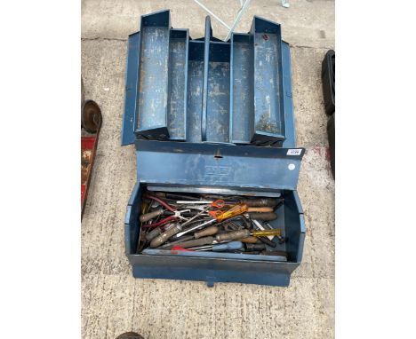 TWO METAL TOOL BOXES ONE CONTAINING AN ASSORTMENT OF TOOLS TO INCLUDE FILES AND PLIERS ETC 