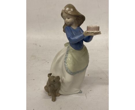 A NAO FIGURINE OF A GIRL WITH A BIRTHDAY CAKE AND PUPPY 