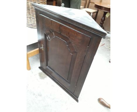 AN OAK GEORGE III STYLE CORNER CUPBOARD WITH SINGLE PANEL DOOR, 24" WIDE 