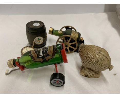 A MIXED LOT OF MINIATURES - COURVOISIER CANNON, GLENFIDDICH ON GOLF TROLLEY, BARREL AND BIRD DECANTER 