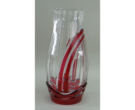 ART DECO OVERLAID GLASS VASE, attributed to Val St. Lambert, ruby flashed double arcs to side &amp; base, on a slice-cut, pea