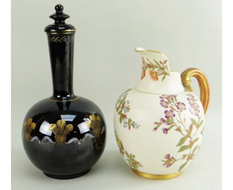 ROYAL WORCESTER 1094 BLUSH IVORY JUG and black glazed pottery bottle flask and cover, the latter enamelled and gilt with Prin