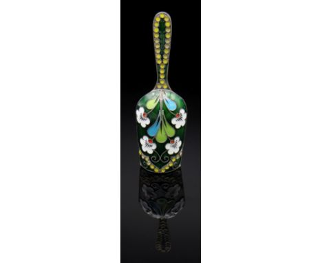 SOVIET PERIOD SILVER GILT &amp; ENAMEL SHOVEL-SHAPED CADDY SPOON, bowl back enamelled with stylised flowers in shades of whit