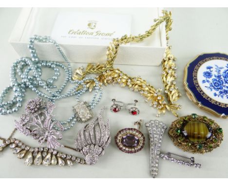 ASSORTED COSTUME &amp; DRESS JEWELLERY comprising marcasite brooches, earrings, vintage brooches, beads, compact, together wi