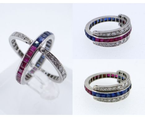 WHITE METAL DIAMOND, RUBY & SAPPHIRE REVERSIBLE RING, ring size L / M, 5.7gmsComments: stones well matched, probaly ennaced, 