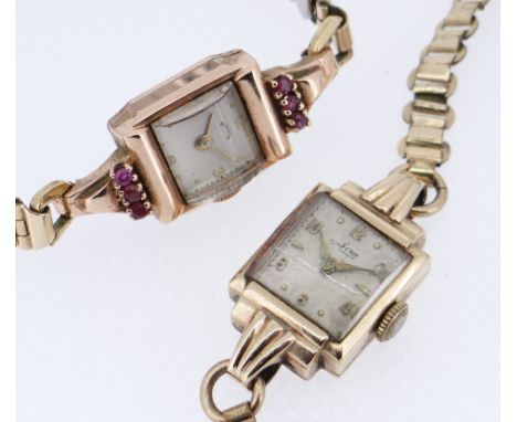 TWO GOLD LADIES WRISTWATCHES comprising 9ct gold Avia example on rolled gold bracelet, together with 14k gold ruby set Mildia