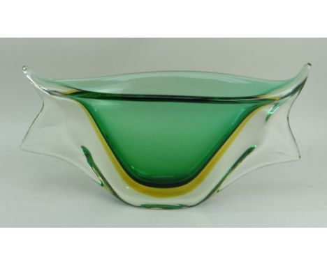 VINTAGE ITALIAN SOMMERSO GLASS CENTREPIECE, possibly Murano, clear, green and amber, oval form with angular 'fins', 30h x 11d