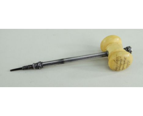 VICT. SAMSON MORDAN &amp; CO. PROPELLING PENCIL IN  THE FORM OF A GAVEL, the head of turned ivory, engraved 'Robt.H. Fairweat