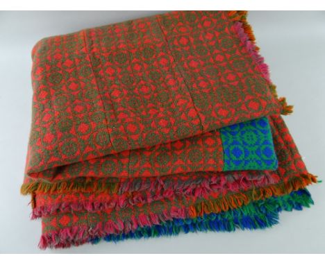 VINTAGE WELSH BLANKET, woven tapestry design in patchwork using blue, green, orange, pink, grey woollen yarns, 218 x 366cms