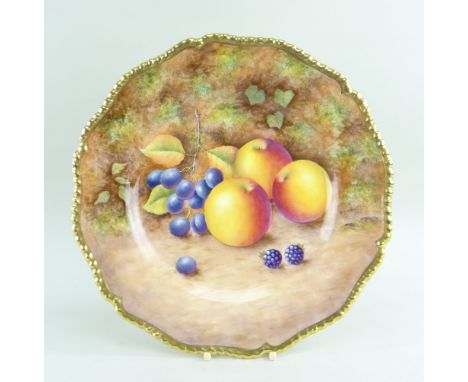 ROYAL WORCESTER FINE BONE CHINA CABINET PLATE, hand painted with fruit amongst foliage, signed 'P. Stanley', 27cms diameter, 