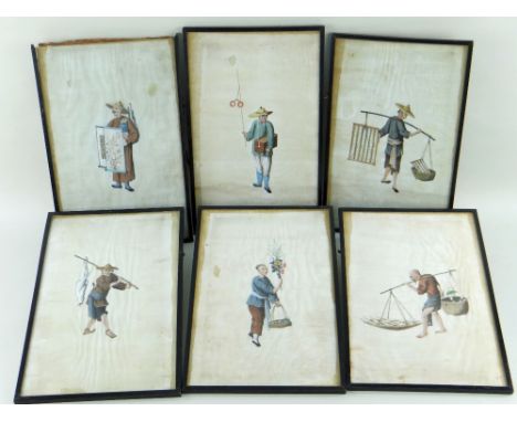 SET SIX CHINESE PAINTINGS ON PITH, depicting street vendors including scroll seller, spectacles seller, lotus root seller, fl