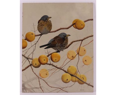 Wreath, B "Birds on a branch", signed in full bottom right, oil paint/panel, h 50 x w 40 cm.