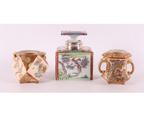 A rectangular porcelain tea caddy with silver mount, Japan, Meiji, early 20th century. Signed on top of the stopper, h 12.5 c