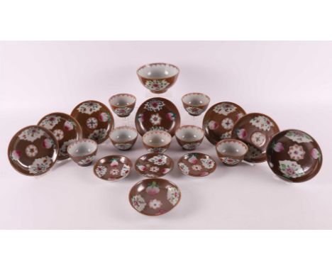 A series of seven famille rose porcelain cups and saucers, so-called Batavia porcelain, China, Younzheng (1723-1735). Polychr