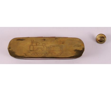 A red copper and brass tobacco box with stipple engraving of a steam train, ca. 1860, l 17 x w 5 cm. Here is a brass button f