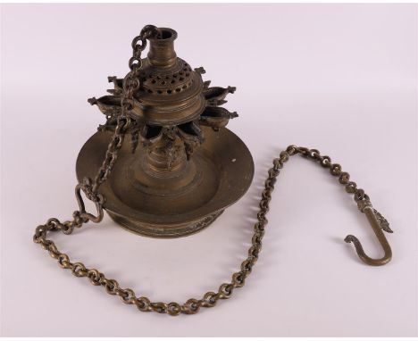 A bronze Shabbat lamp on chain with hook, around 1900, h 26 x Ø 24 cm (measured without chain).