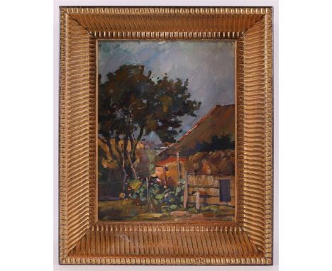 Dutch school, 1st half of the 20th century "View of back house with garden", oil paint/panel, h 25 x w 18 cm.