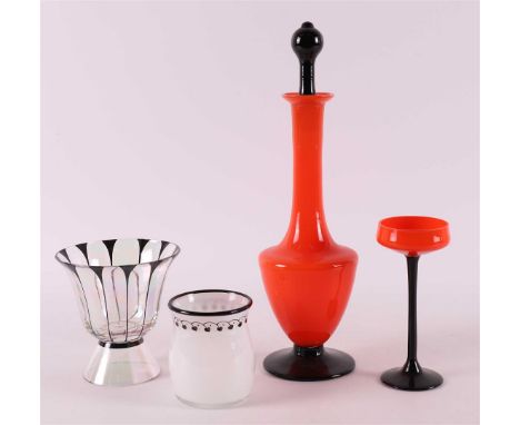 A lot of various Art Deco glass, including carafe with glass and vases, including Bohemia, ca. 1930, h 7.5 - 28 cm, tot. 5x.