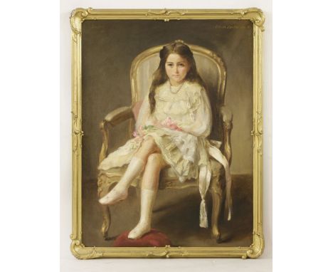 *Nils Ivan Thord Lindhé (Swedish, 1875-1954) PORTRAIT OF EILEEN LOUISE YOUNGHUSBAND, AGED SIX, FULL LENGTH, SEATED IN A GILT 