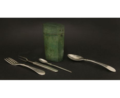 A rare Continental silver campaign set,18th century, comprising a spoon and fork, each with screw handles, both monogrammed '